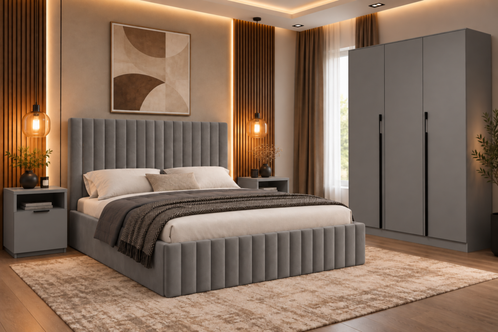 Set dormitor Cairo Gri cu dulap Vela 3 usi