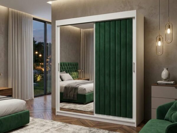 Dulap dressing tapitat Cairo 2 usi cu oglinda, 150 cm, Alb/Verde