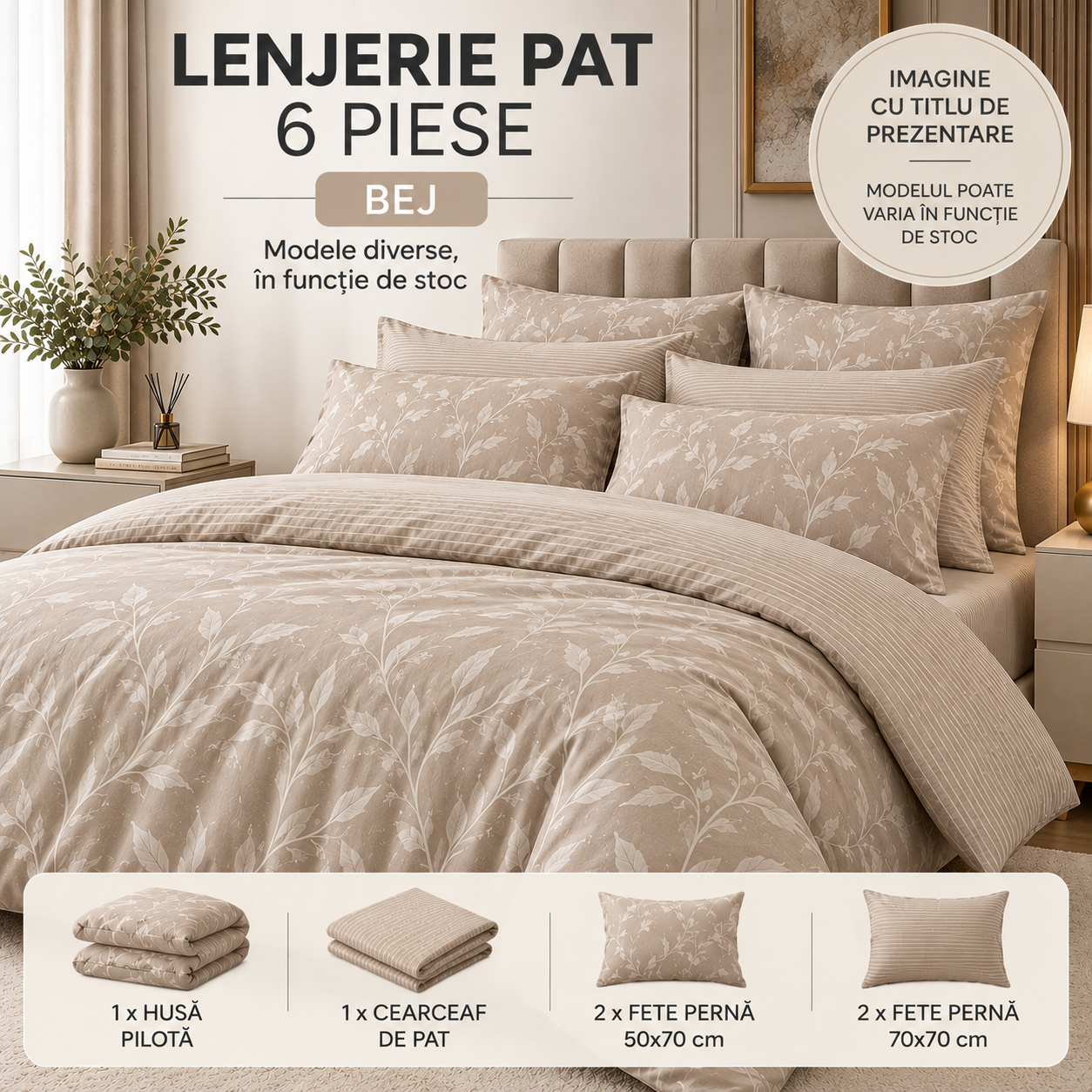 lenjerie-bej.png Lenjerie de pat Finet Gros, 6 piese, Bej - imagine 1