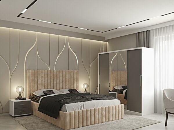 Set dormitor Cairo Bej cu Dulap Londra 200 Alb/Gri