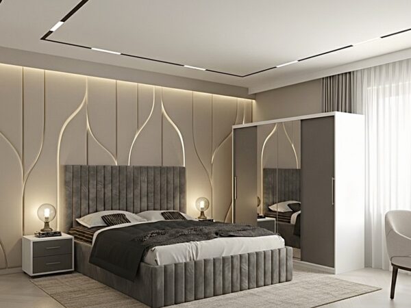 Set dormitor Cairo Gri cu Dulap Londra 200 Alb/Gri