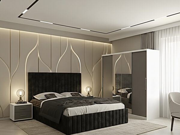Set dormitor Cairo Negru cu Dulap Londra 200 Alb/Gri