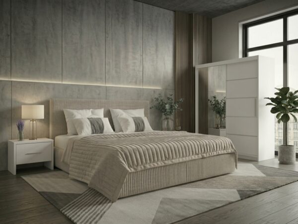 Set dormitor Malibu Bej cu dulap Atlantic 150 cm Alb